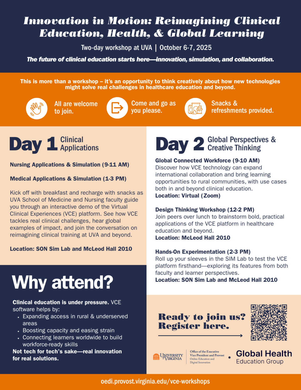 A colorful flyer detailing the itinerary and purpose of an OEDI/VCE workshop on innovative clinical learning software.